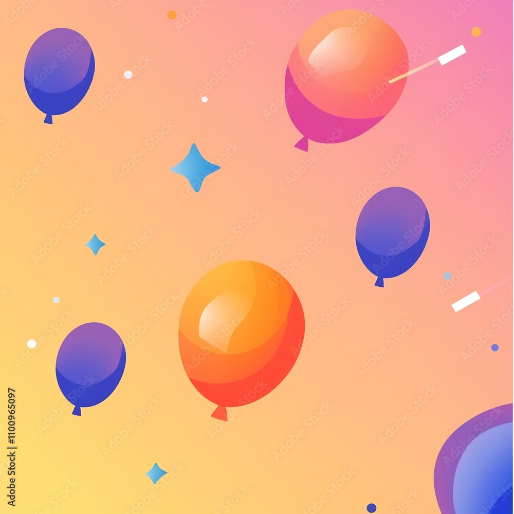 Obraz premium Bright and lively festive digital showcasing a vibrant and cheerful scene with scattered colorful balloons shooting stars and a modern gradient background creating an atmosphere of joy and