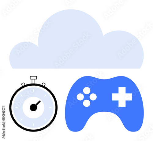 Cloud stopwatch, and game controller highlight cloud gamings speed, efficiency, technological advancement, and innovation. Ideal for gaming, cloud services, technology trends, digital