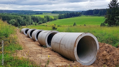 Wallpaper Mural Rural Landscape with Large Concrete Pipes Installation:  Construction Project in Serene Green Field Torontodigital.ca
