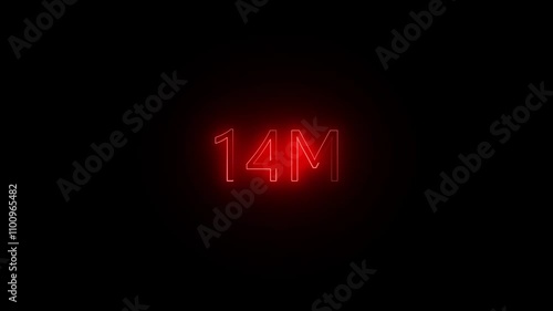 Glowing 14M text front luminous numeral animation on isolated black background. Think you drop shadow on the 14M followers numbers photo