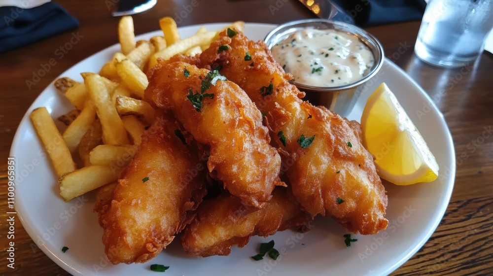 Crispy Fried Fish Fillets with Golden French Fries and Creamy Tartar Sauce Served with Fresh Lemon Wedge on a White Plate in a Cozy Restaurant Setting Crispy Fried Fish Fillets with Golden French Fries and Creamy Tartar Sauce Served with Fresh Lemon Wedge on a White Plate in a Cozy Restaurant Setting