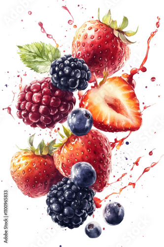 Wallpaper Mural Fresh Mixed Berries Splashing in Vivid Watercolor Art with Strawberries, Blackberries, Raspberries, and Blueberries Torontodigital.ca
