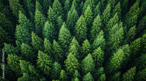 An aerial view captures a vibrant green forest landscape, showcasing the beauty of nature and winding roads.