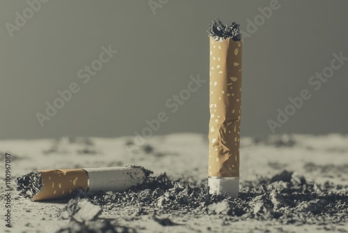 A close up of a crushed cigarette standing upright amidst scattered ash on a flat surface with a second cigarette lying beside it photo