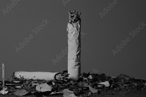 A close up of a crushed cigarette standing upright amidst scattered ash on a flat surface with a second cigarette lying beside it photo