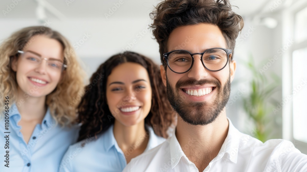 Smiling young man with glasses taking a selfie with his cheerful friends in a bright and casual indoor setting Smiling young man with glasses taking a selfie with his cheerful friends in a bright and casual indoor setting