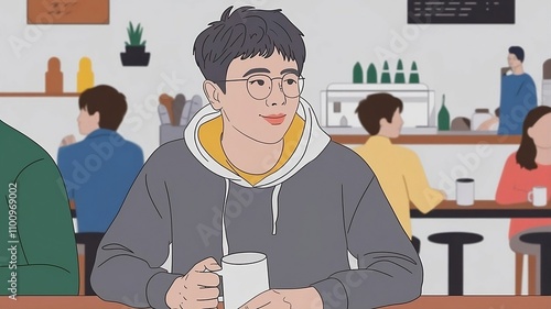 Young Man Enjoying Coffee in a Cozy Café with Friends in the Background