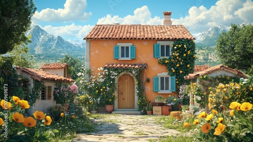 A charming, orange-colored cottage with blue shutters stands nestled amongst blooming flowers and a picturesque mountain backdrop.