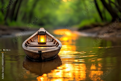 A traditional wooden sampan boat on a peaceful Asian river, with lanterns lighting up the dusk photo