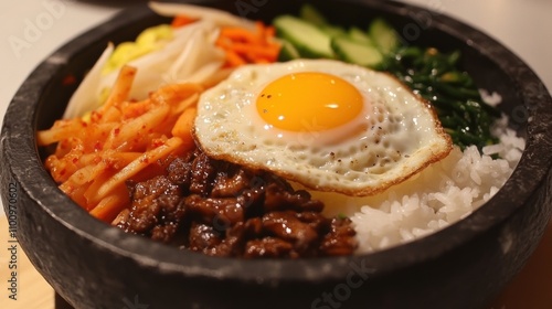 Delightful Stone Bowl Dish with Tender Beef, Colorful Vegetables, a Fried Egg, and Steamed Rice Korean Cuisine Experience in an Authentic Setting