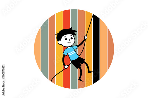 A boy climbs up a rope with retro vantage vector art design