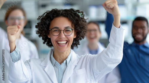 A cheerful female scientist in a lab coat with raised fists celebrating with her diverse team in a bright laboratory environment. photo