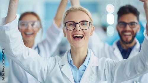 A smiling female scientist wearing glasses and a lab coat celebrates success with her colleagues in a bright laboratory setting. photo