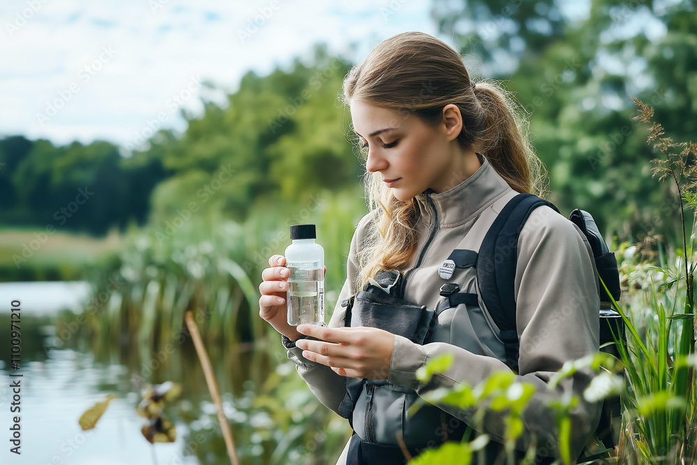 Fototapeta premium Woman examining water sample by serene lake surrounded by lush greenery. Generative AI