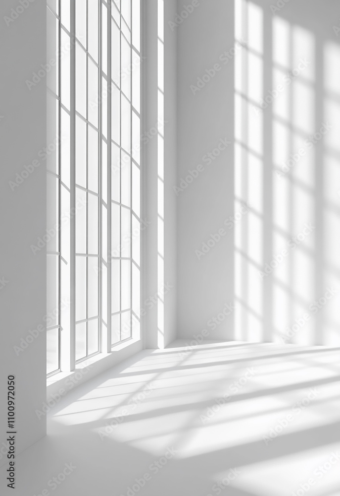 Sunlight streams through a large window, casting geometric shadows on a blank white wall and floor, creating a serene and with windows shadow overlay on wallpaper texture Sunlight streams through a large window, casting geometric shadows on a blank white wall and floor, creating a serene and with windows shadow overlay on wallpaper texture