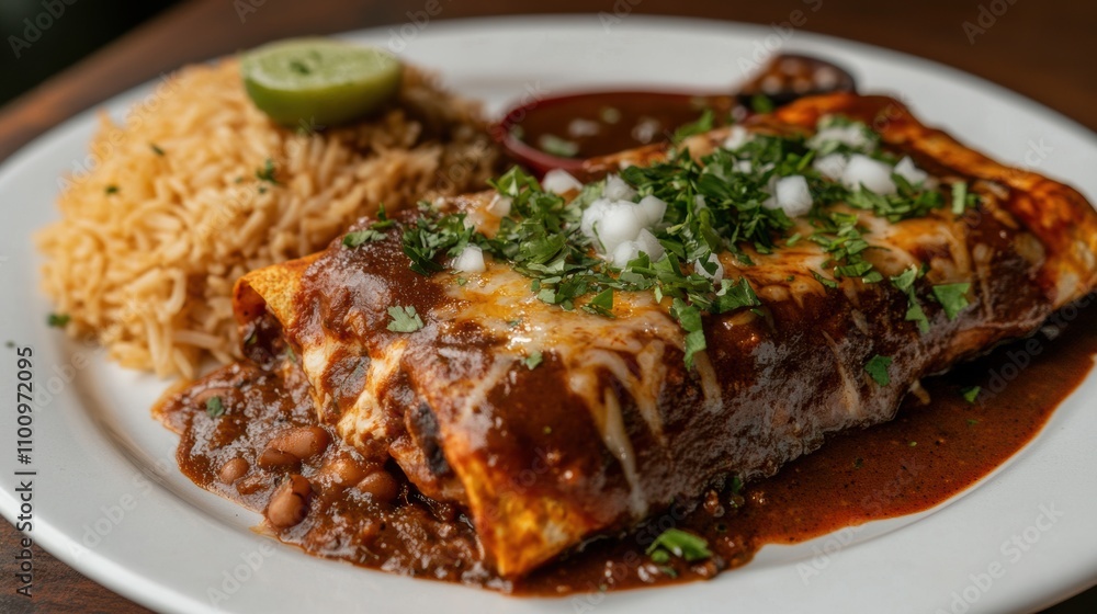 Savory Enchiladas with Rich Chili Sauce Served on a Plate Accompanied by Fluffy Rice, Beans, and Fresh Lime for a Flavorful Dining Experience Savory Enchiladas with Rich Chili Sauce Served on a Plate Accompanied by Fluffy Rice, Beans, and Fresh Lime for a Flavorful Dining Experience