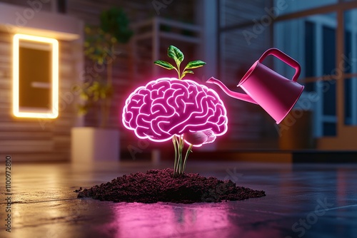 Abstract futuristic hands supporting a brain with a sprout, illuminated by a neon watering can pouring light, symbolizing growth mindset and continuous learning