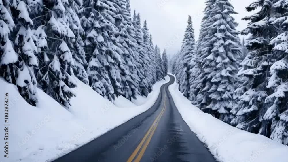 snow covered road in the forest, view of winter landscape with snow covered mountain hills and winding forest road snow covered road in the forest, view of winter landscape with snow covered mountain hills and winding forest road