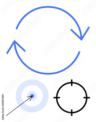 Circular arrow indicating rotation, target mark with an arrow hitting the center, and a focus symbol. Ideal for concepts of refresh, precision, aim, strategy, goals cycles digital interfaces. Line