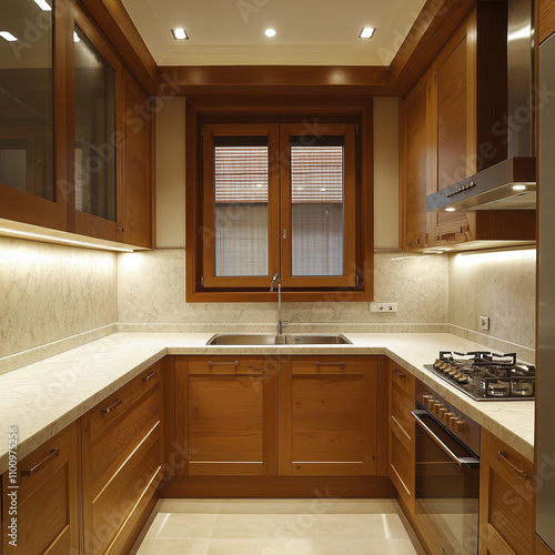 closed kitchen in villa use wood and marble modern style the window in top of the sinkr 