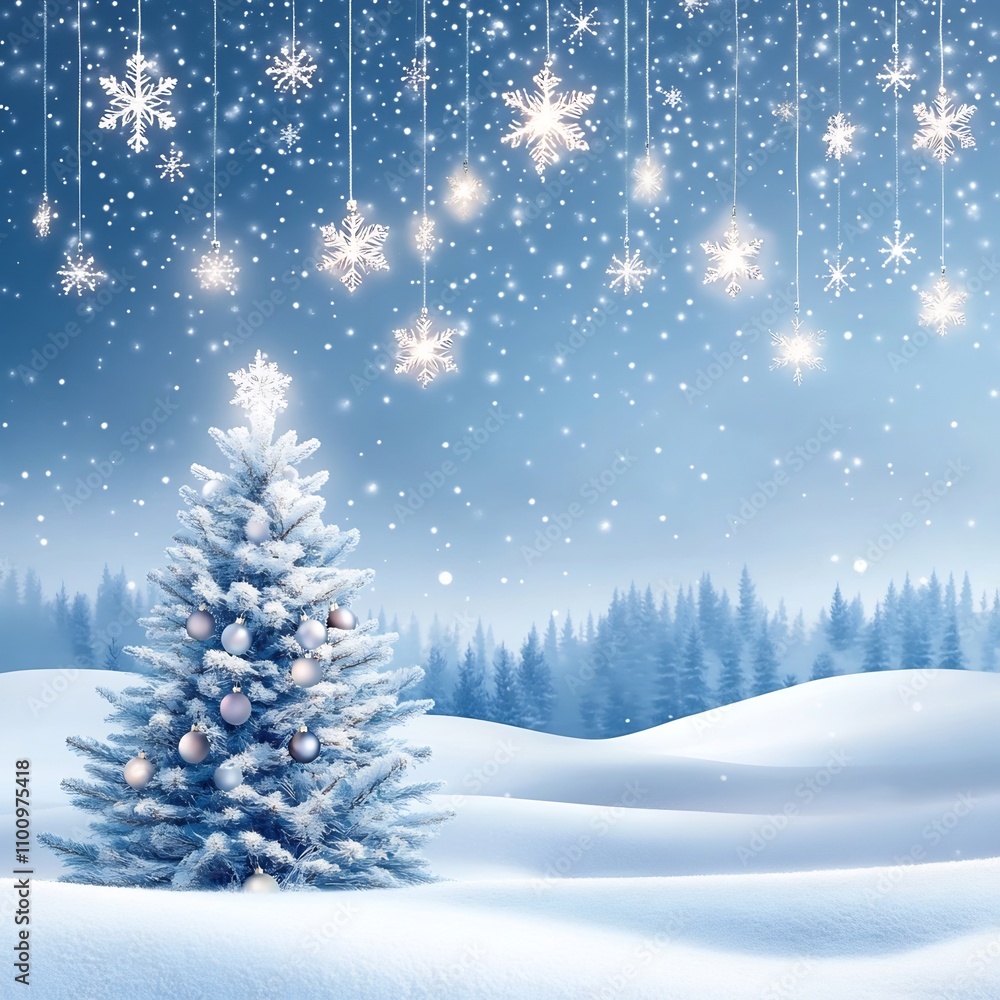 Serene snowy winter landscape with a decorated Christmas tree on the side snow covered hills and glowing snowflakes hanging from above creating a festive and peaceful countryside scene Serene snowy winter landscape with a decorated Christmas tree on the side snow covered hills and glowing snowflakes hanging from above creating a festive and peaceful countryside scene