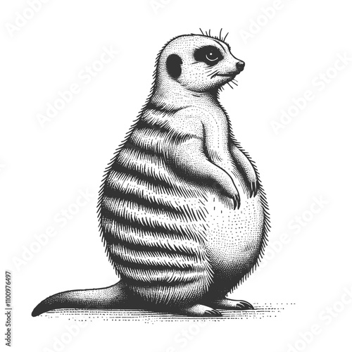 Plump fat meerkat with exaggerated proportions, featuring detailed fur texture and a whimsical stance sketch engraving generative ai vector illustration. Scratch board imitation. Black and white image