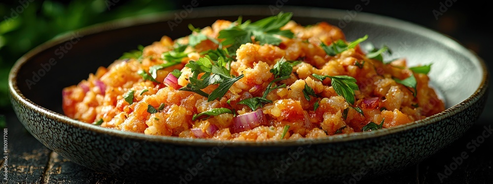 Delicious and fragrant vegetable dish garnished with fresh herbs and spices Delicious and fragrant vegetable dish garnished with fresh herbs and spices
