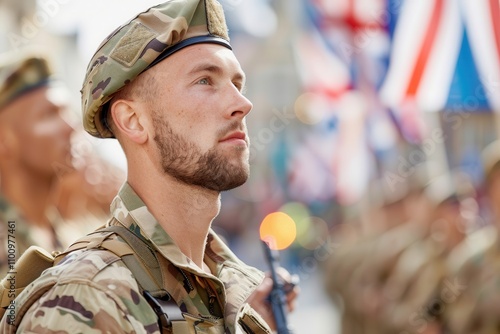 Soldier in camouflage beret uniform looking proud during a military parade with flags in the background photo