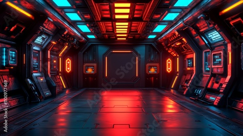 Fototapeta Naklejka Na Ścianę i Meble -  A futuristic spaceship corridor with red and blue lighting, panels, and a closed door at the end.