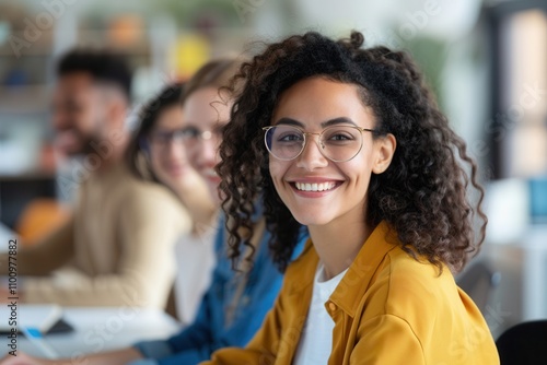 Cheerful young woman with glasses and curly hair smiling in a collaborative study group, surrounded by friends in a modern workspace.