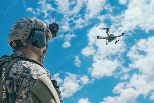 A soldier wearing a helmet and tactical gear facing a drone flying against a partly cloudy blue sky photo