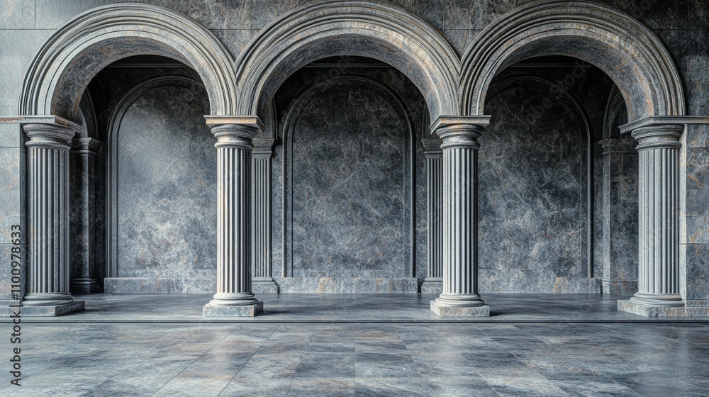 Fototapeta premium A grand hallway with arched doorways and marble columns.