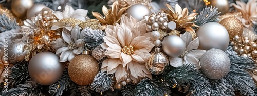 Elegant christmas decoration with shiny ornaments and floral accents
