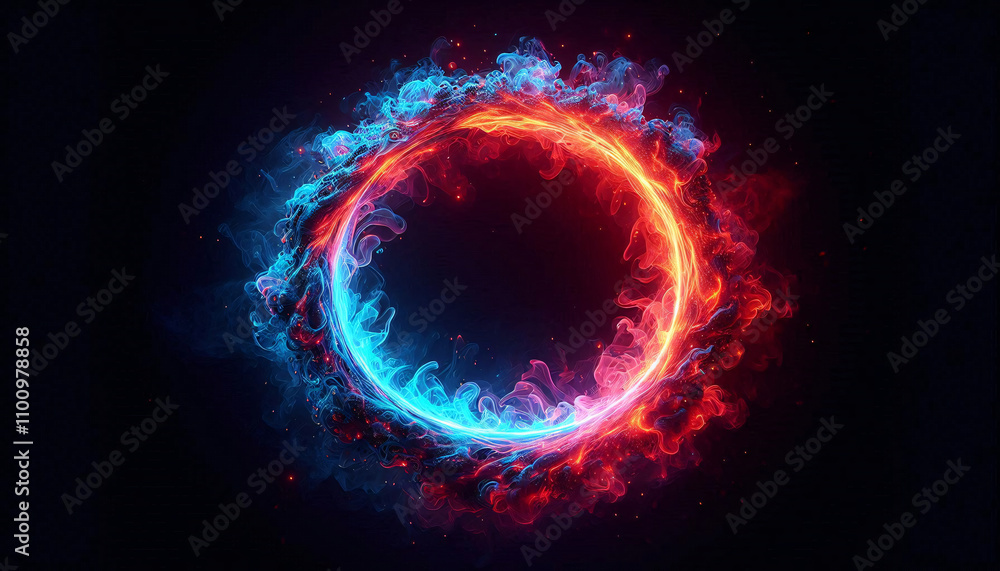 Obraz premium abstract fiery neon ring with red and blue smoke effects, on dark background 