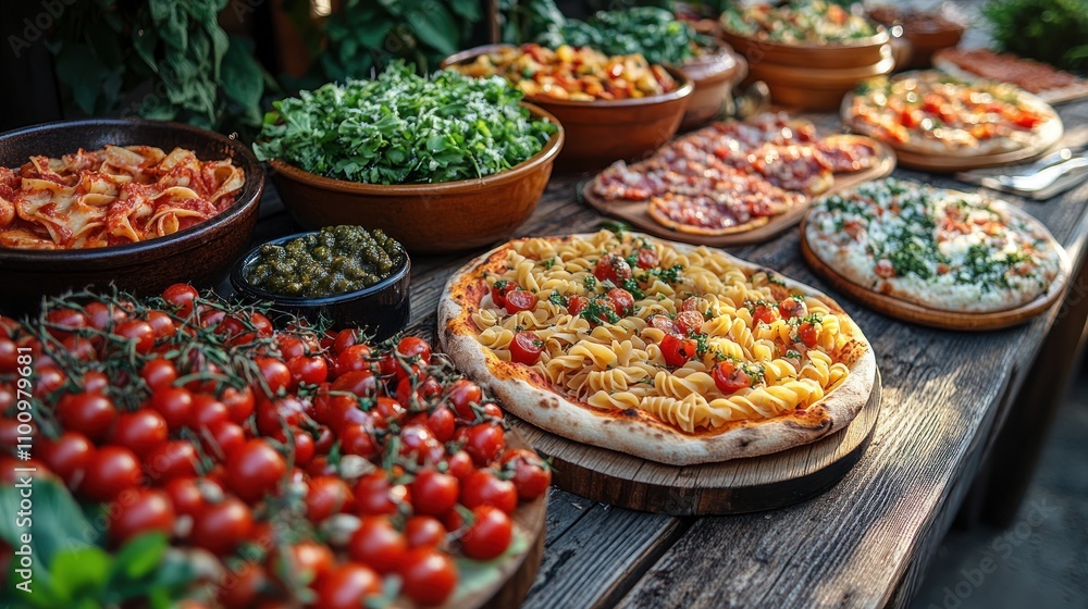 Fototapeta premium A table spread with an assortment of Italian food, including pasta, pizza, salad, and cherry tomatoes.