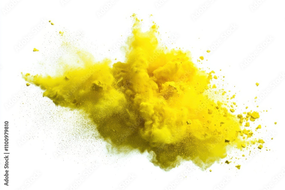 A vibrant explosion of bright yellow powder particles, frozen mid air creating a dynamic and energetic effect A vibrant explosion of bright yellow powder particles, frozen mid air creating a dynamic and energetic effect