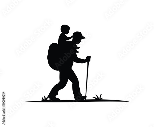 Hiker with Child on Shoulders Silhouette Vector Template