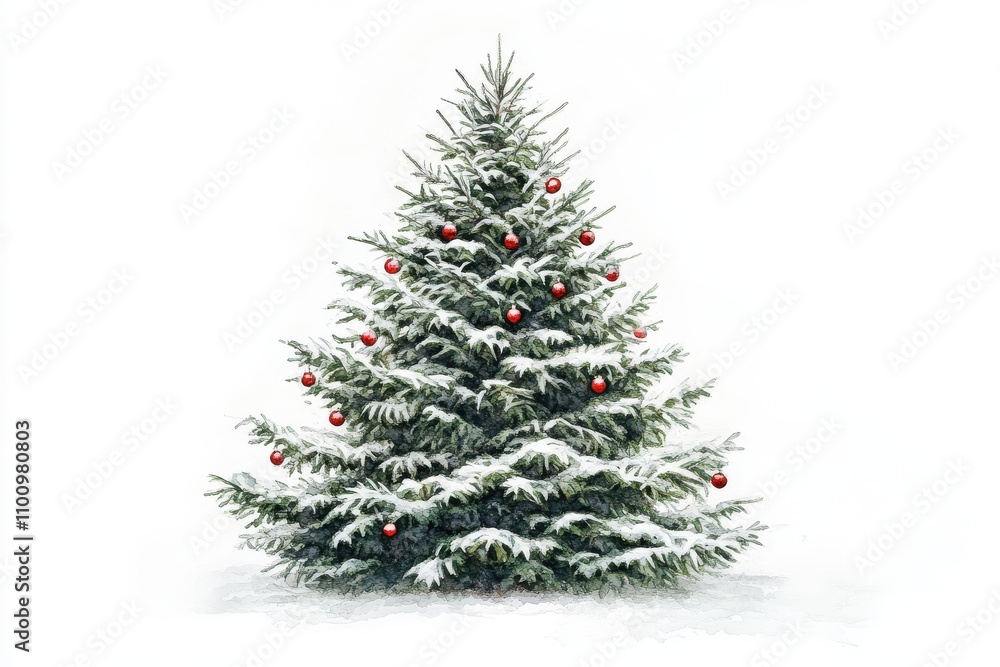 Fototapeta premium A watercolor style depiction of a Christmas tree with lush green branches covered in subtle snow and adorned with small red ornaments