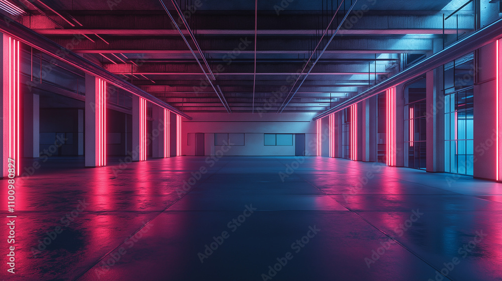 Neon-Lit Industrial Interior with Blue and Pink Lights Neon-Lit Industrial Interior with Blue and Pink Lights