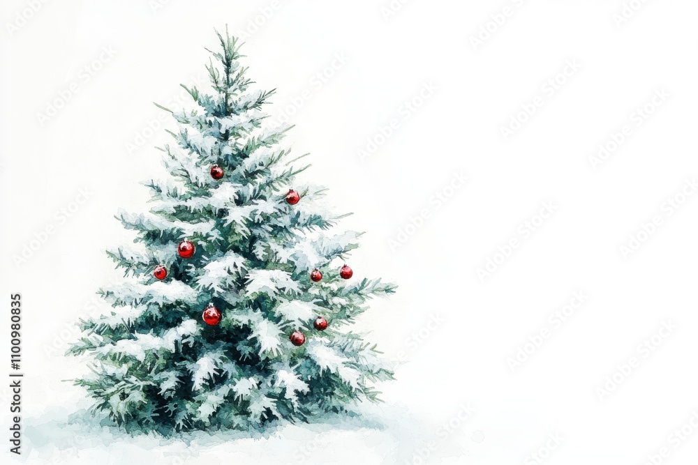 Fototapeta premium A watercolor style depiction of a Christmas tree with lush green branches covered in subtle snow and adorned with small red ornaments