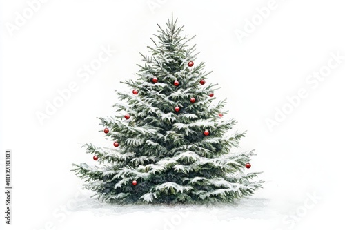 A watercolor style depiction of a Christmas tree with lush green branches covered in subtle snow and adorned with small red ornaments