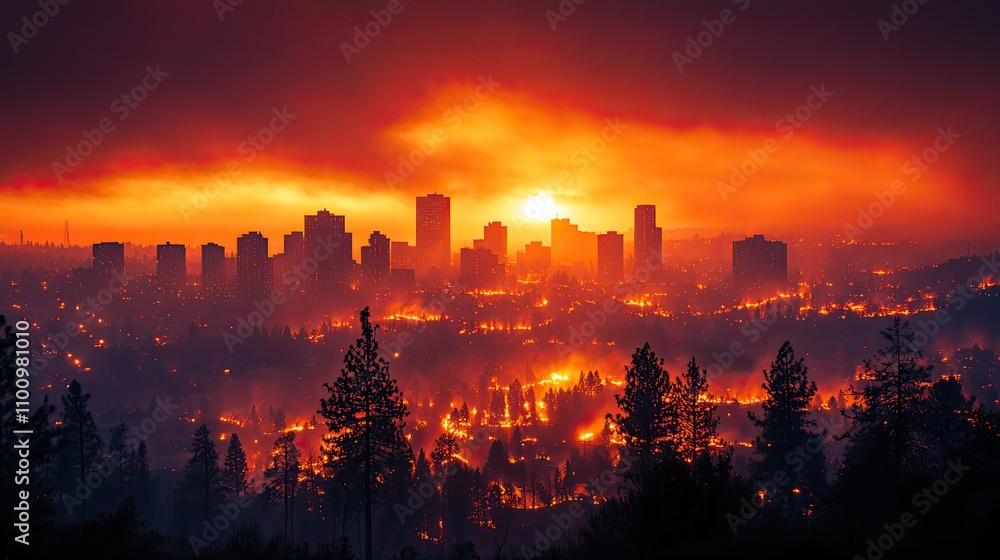 Fototapeta premium An orange sky over a city captures the intensity of wildfires, showcasing the dramatic environmental changes occurring.