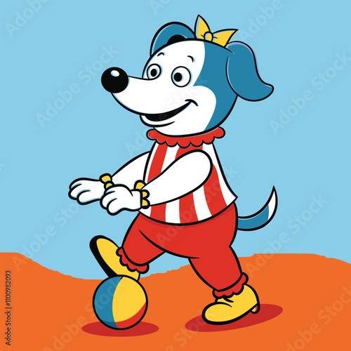 Circus character dog playing and standing with ball vector illustration