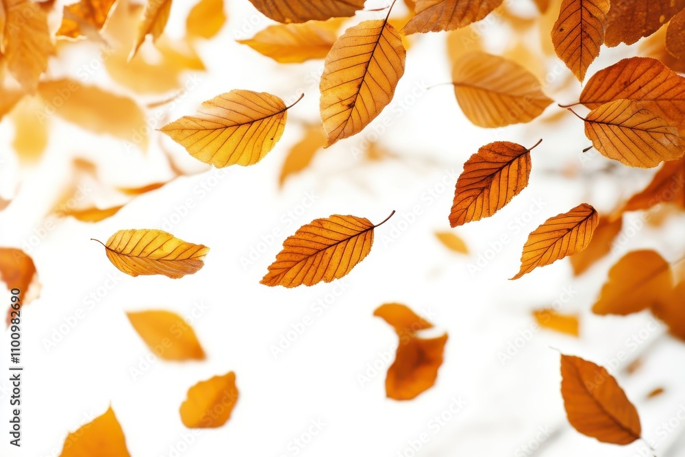 Fototapeta premium Autumn leaves flying in the air on white background