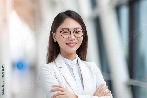 Portrait of a confident young woman wearing glasses and a white suit, smiling with arms crossed in a bright, modern workplace. photo