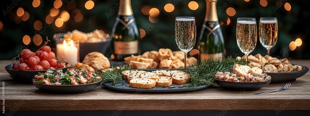 Festive celebration table with food, drinks, and warm lighting Festive celebration table with food, drinks, and warm lighting