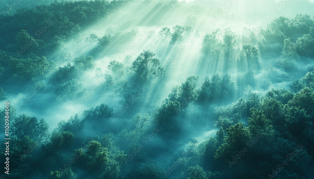 Obraz premium An otherworldly forest covered in a blanket of soft blue and green fog, with delicate beams of light piercing through, giving an ethereal and mysterious feel