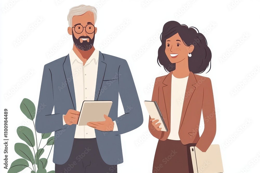Busy mature professional business people, two happy business man and woman executives partners team working together walking Busy mature professional business people, two happy business man and woman executives partners team working together walking