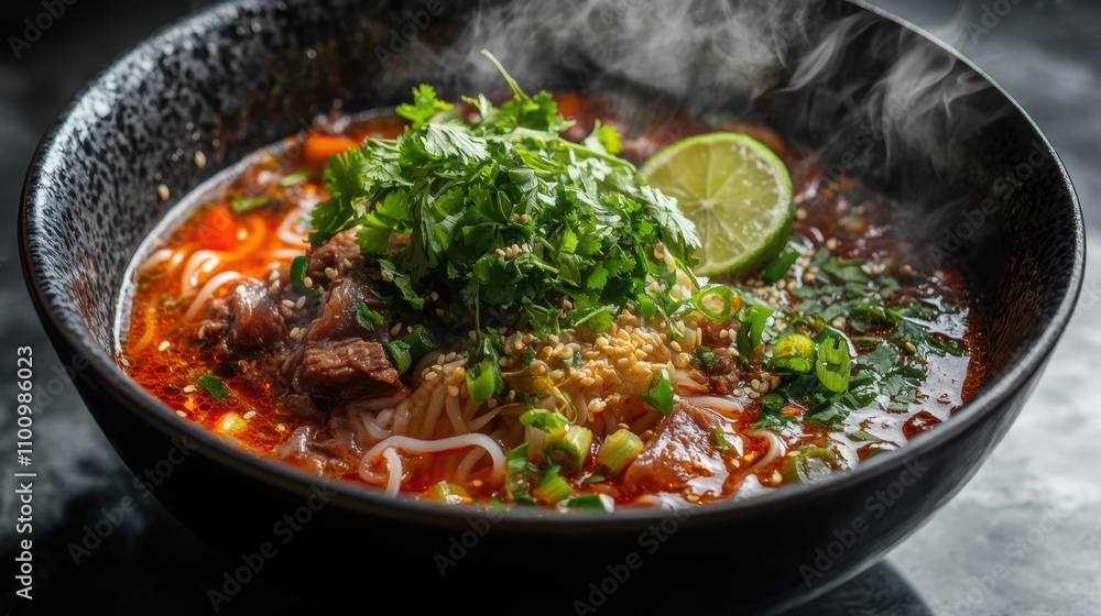 A steaming bowl of vibrant noodle soup featuring fresh herbs, lime, and tender meat served in an elegant black bowl, perfect for food photography or culinary projects. A steaming bowl of vibrant noodle soup featuring fresh herbs, lime, and tender meat served in an elegant black bowl, perfect for food photography or culinary projects.