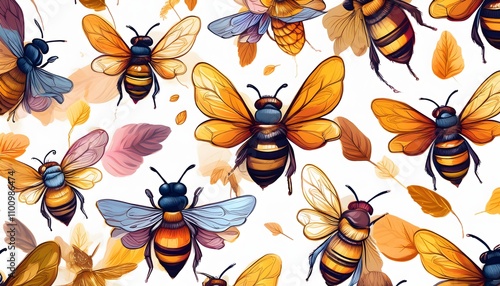 Stylized Bee and Autumn Leaf Pattern